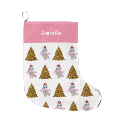 Christmas Unicorn Santa Hat Gold Glitter Xmas Tree Large Christmas Stocking