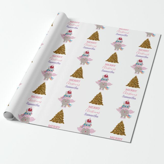 Christmas Unicorn Santa Hat Gold Glitter Xmas Tree Wrapping Paper (Unrolled)