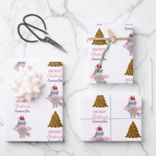 Christmas Unicorn Santa Hat Gold Glitter Xmas Tree Wrapping Paper Sheets
