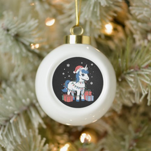 Christmas Unicorn Santa Hat Lights Snow Xmas Ceramic Ball Christmas Ornament