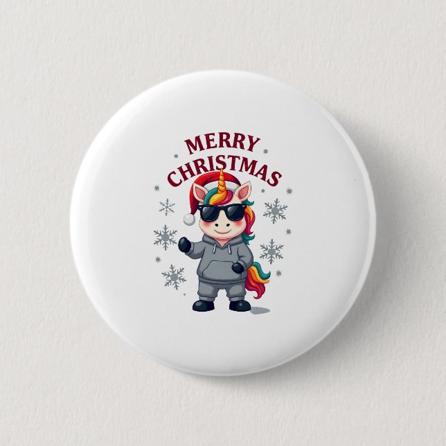 Christmas Unicorn Santa Hat T-Shirt Button (Front)