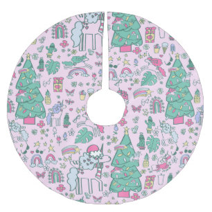 christmas unicorn santa whimsical cactus monstera brushed polyester tree skirt