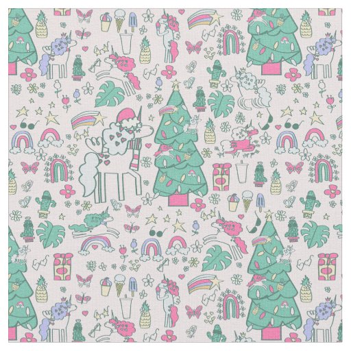 christmas unicorn santa whimsical cactus monstera  fabric
