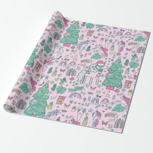 christmas unicorn santa whimsical cactus monstera wrapping paper