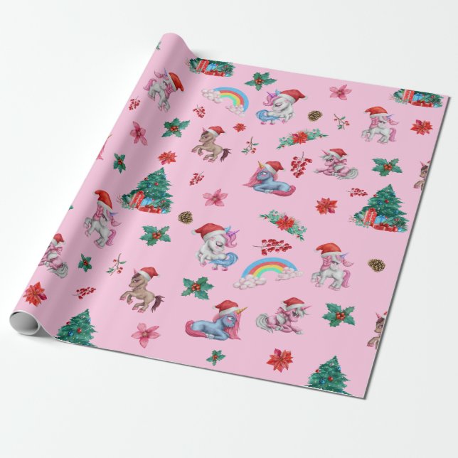 Christmas Unicorn Santa Wrapping Paper Kids Girls (Unrolled)