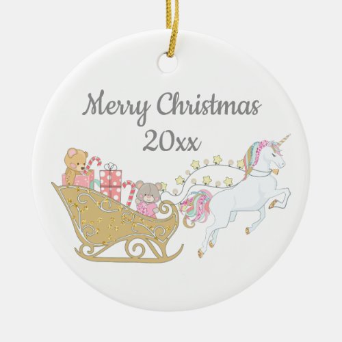 Christmas Unicorn Santas Sleigh White Ceramic Ornament