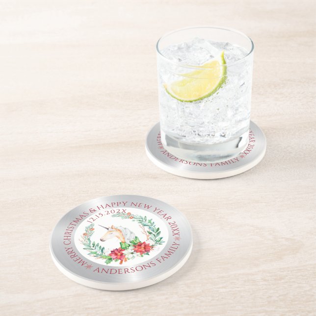 Christmas unicorn silver and white border coaster (Side)