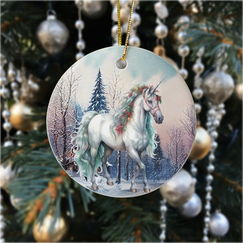 Christmas Unicorn Winter Scene Holiday Ceramic Ornament