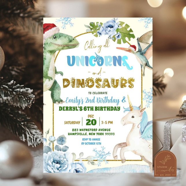 Christmas Unicorns and Dinosaur Joint Birthday Invitation (Creator Uploaded)