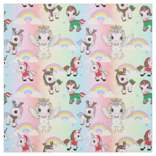 Christmas Unicorns and Rainbows Cute Kids Pattern Fabric