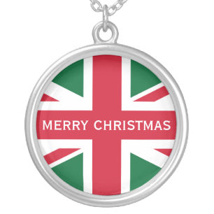 Christmas Union Jack ~ Red, Green and White Silver Plated Necklace