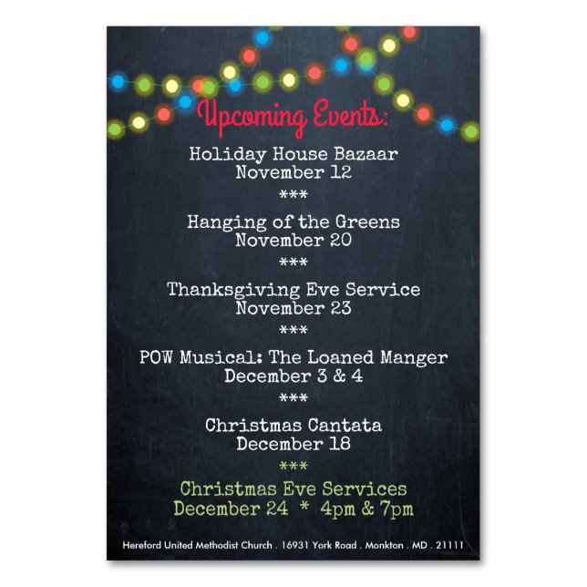 Christmas Upcoming Events Church Table Card (Back)