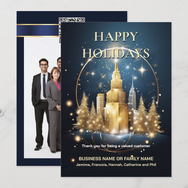 Christmas urban skyline gold tree blue chip thanks holiday card (Front/Back)