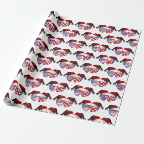 Christmas USA and UK Flag Hearts wearing Santa Hat Wrapping Paper