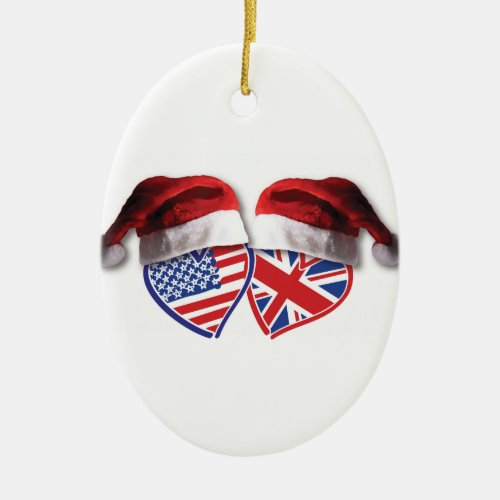 Christmas USA and UK Flag Hearts with Santa Hats Ceramic Ornament