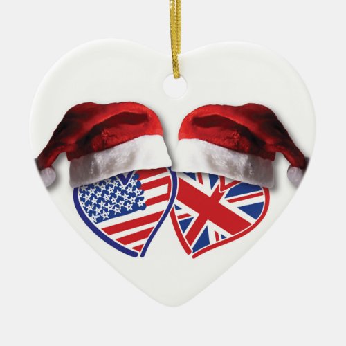 Christmas USA and UK Flag Hearts with Santa Hats Ceramic Ornament