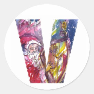 CHRISTMAS V LETTER / SANTA PLAYING HARP CLASSIC ROUND STICKER