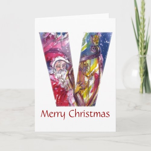 CHRISTMAS V LETTER   SANTA PLAYING HARP HOLIDAY CARD