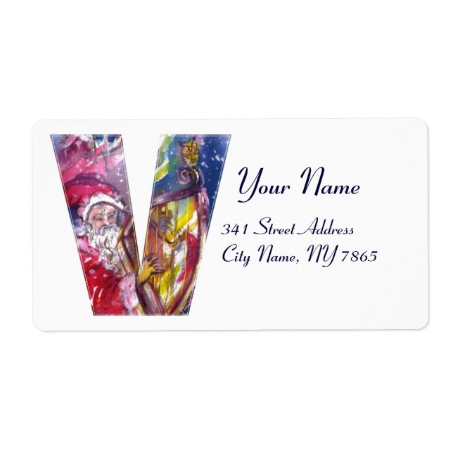 CHRISTMAS V LETTER  / SANTA  PLAYING HARP LABEL (Front)