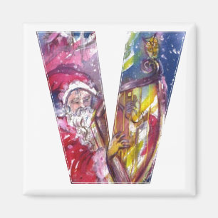 CHRISTMAS V LETTER / SANTA PLAYING HARP MAGNET