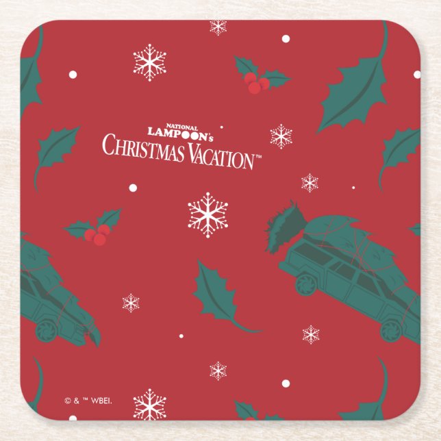 Christmas Vacation Holly Pattern Square Paper Coaster (Front)