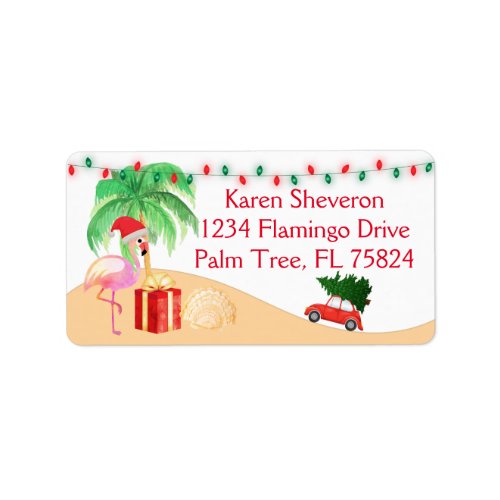 Christmas Vacation Santa Pink Flamingo on a Beach Label