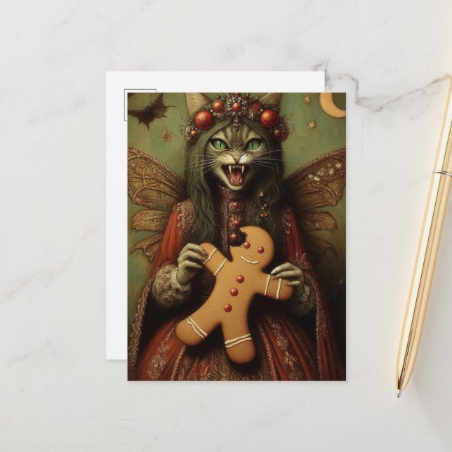 Christmas Vampire Fairy Cat With Gingerbread Postcard (Front/Back In Situ)