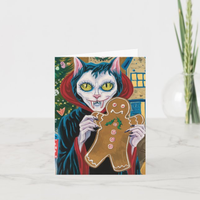 Christmas Vampire Kitty With Gingerbread Man  Card (Front)