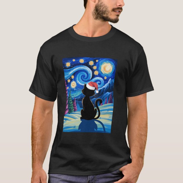 Christmas Van Gogh Cat Starry Night Black Cat Sant T-Shirt (Front)