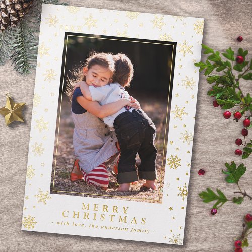 Christmas Vertical Photo White and Gold Snowflakes Foil Holiday Card
