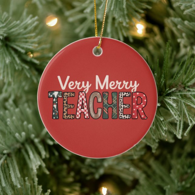 Christmas Very Merry Teacher Leopard Tree Ceramic Ornament (Tree)