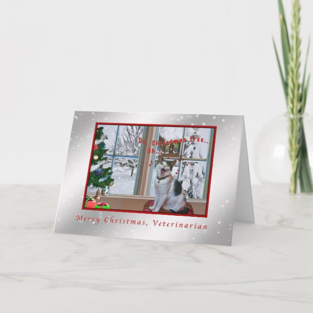 Christmas, Veterinarian, Singing Cat, Snow Holiday Card (Front)