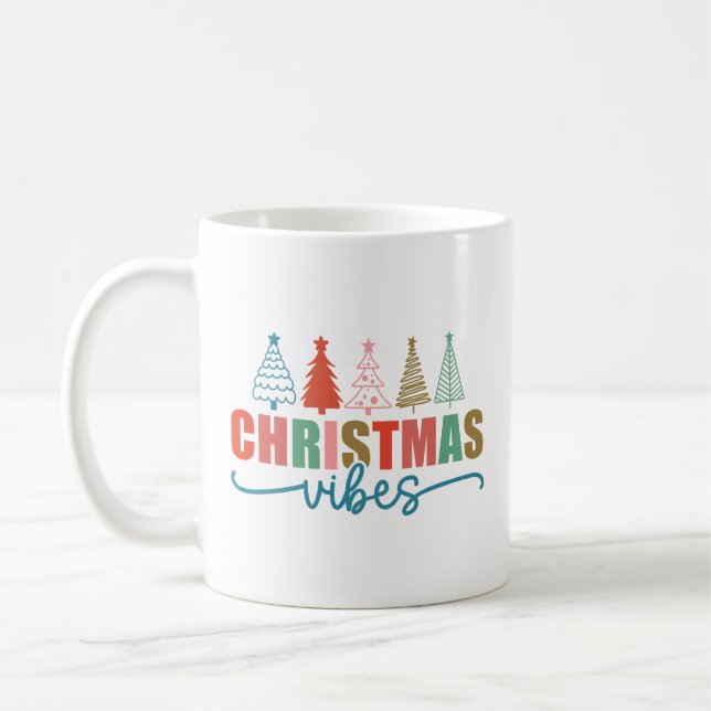 Christmas Vibes - Colorful Holiday Trees Design Coffee Mug (Left)
