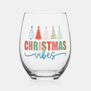 Christmas Vibes - Colorful Holiday Trees Design Stemless Wine Glass