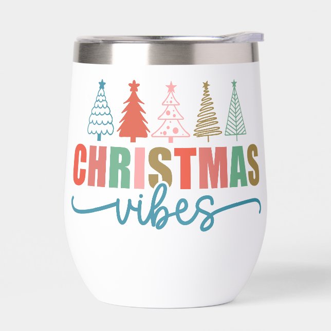 Christmas Vibes - Colorful Holiday Trees Design Thermal Wine Tumbler (Left)