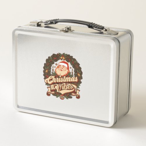 Christmas Vibes Santa Claus Wreath Bells Metal Lunch Box