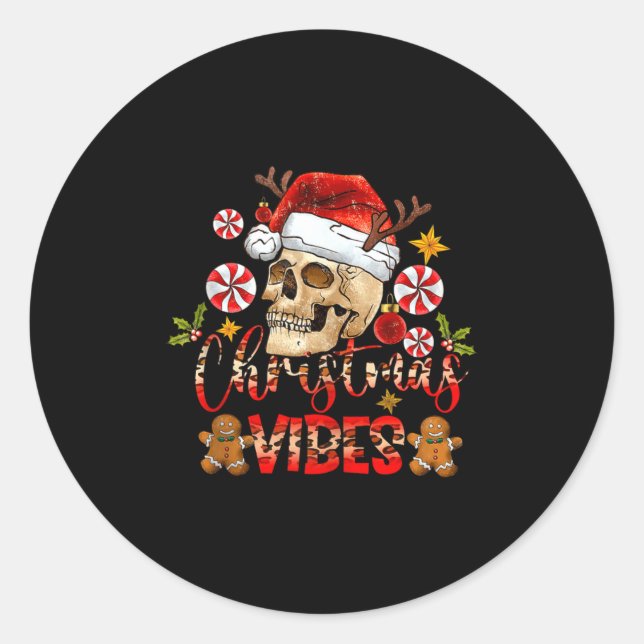 Christmas Vibes Skull Santa Hat Christmas Skeleton Classic Round Sticker (Front)