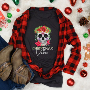 Christmas Vibes Skull with Flowers T-Shirt