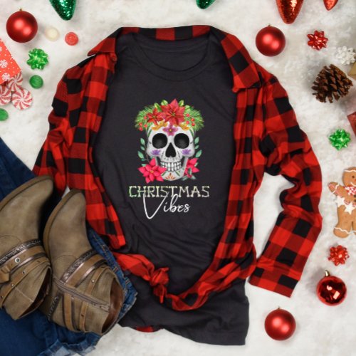 Christmas Vibes Skull with Flowers T_Shirt