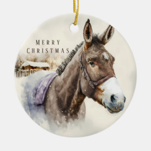 Christmas Vibes - Watercolor Donkey and Ermine - Ceramic Ornament