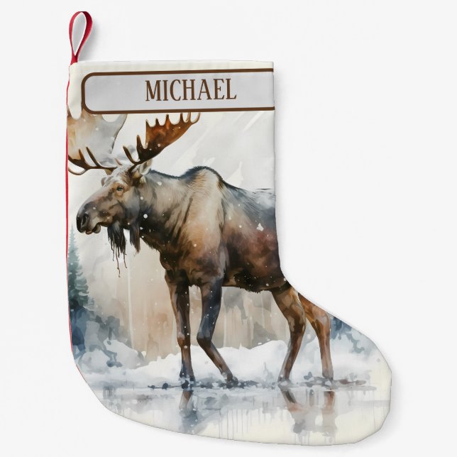 Christmas Vibes Watercolor Moose - Small Christmas Stocking (Front)