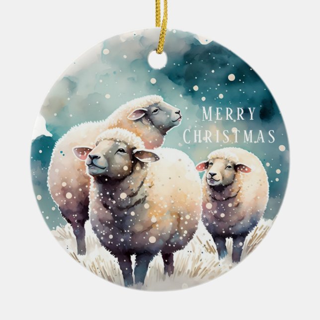 Christmas Vibes - Watercolor Sheep and Raccoon - Ceramic Ornament (Front)