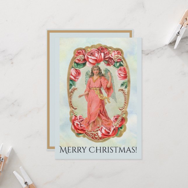 Christmas Victorian Angel Framed by Red Roses Gold Card (Front/Back In Situ)