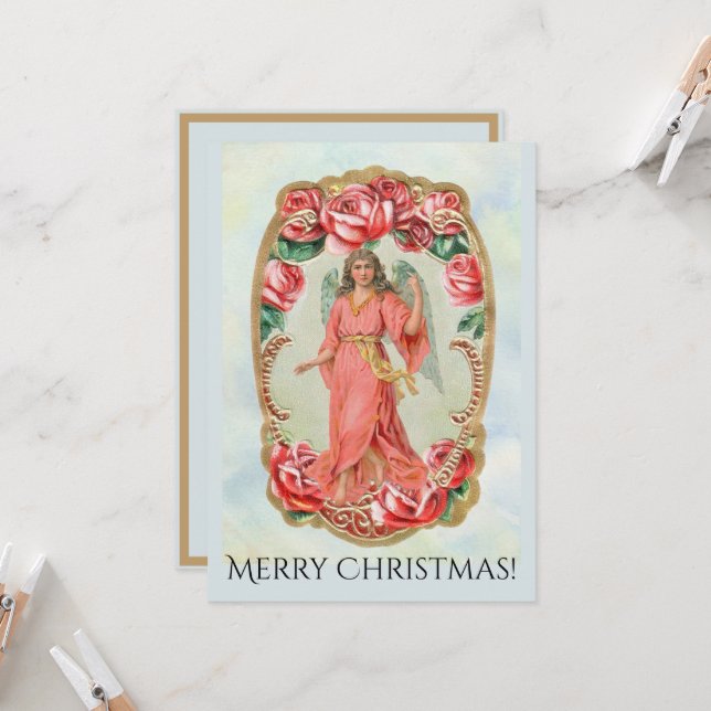 Christmas Victorian Angel Framed by Red Roses Gold Invitation (Front/Back In Situ)