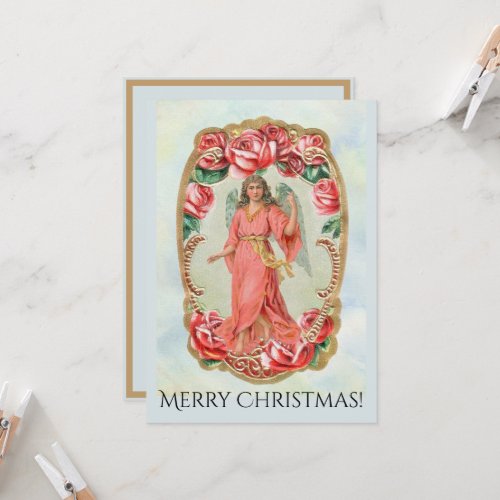 Christmas Victorian Angel Framed by Red Roses Gold Invitation