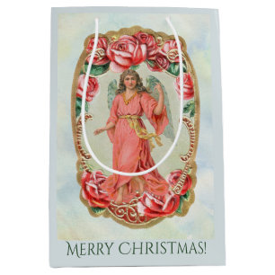 Christmas Victorian Angel Framed by Red Roses Gold Medium Gift Bag