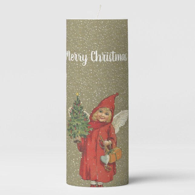 Christmas Victorian Angel Girl Tree Snow Tan Pillar Candle (Front)