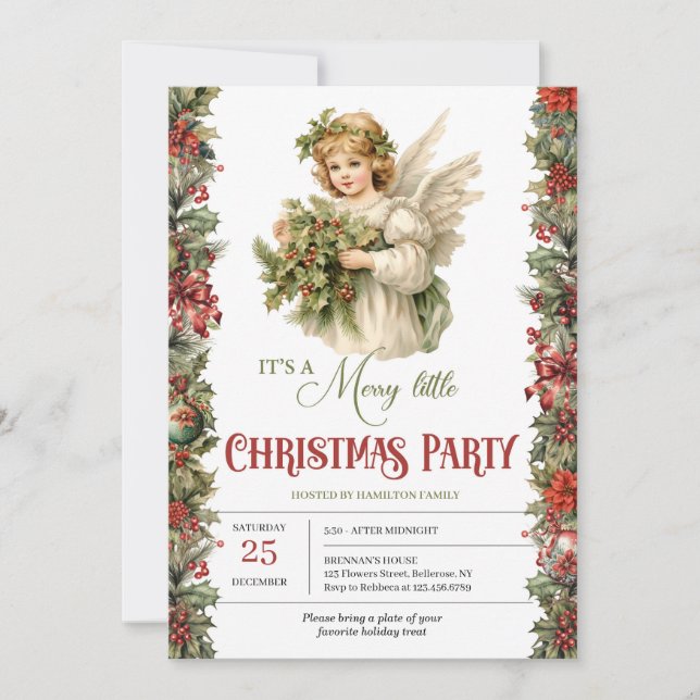 Christmas Victorian Angel with holly berry party Invitation (Front)