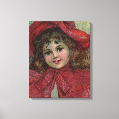 Christmas Victorian Child Red Hat Girl Portrait Ar Canvas Print