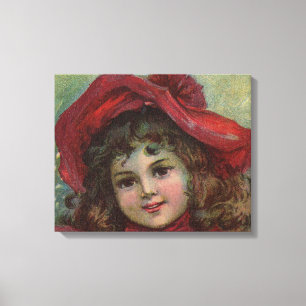 Christmas Victorian Child Red Hat Girl Portrait Ar Canvas Print